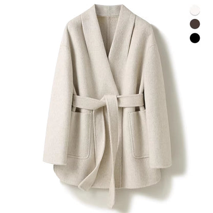 Camel-wool V-neck Wool Double-faced Wool Belted Coat