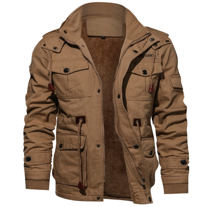 Winter Zip-up Coat Warm Thickened Detachable Hooded Jacket Multi-pocket  Button Drawstring Long Sleeve Tops Men's Cargo Clothing