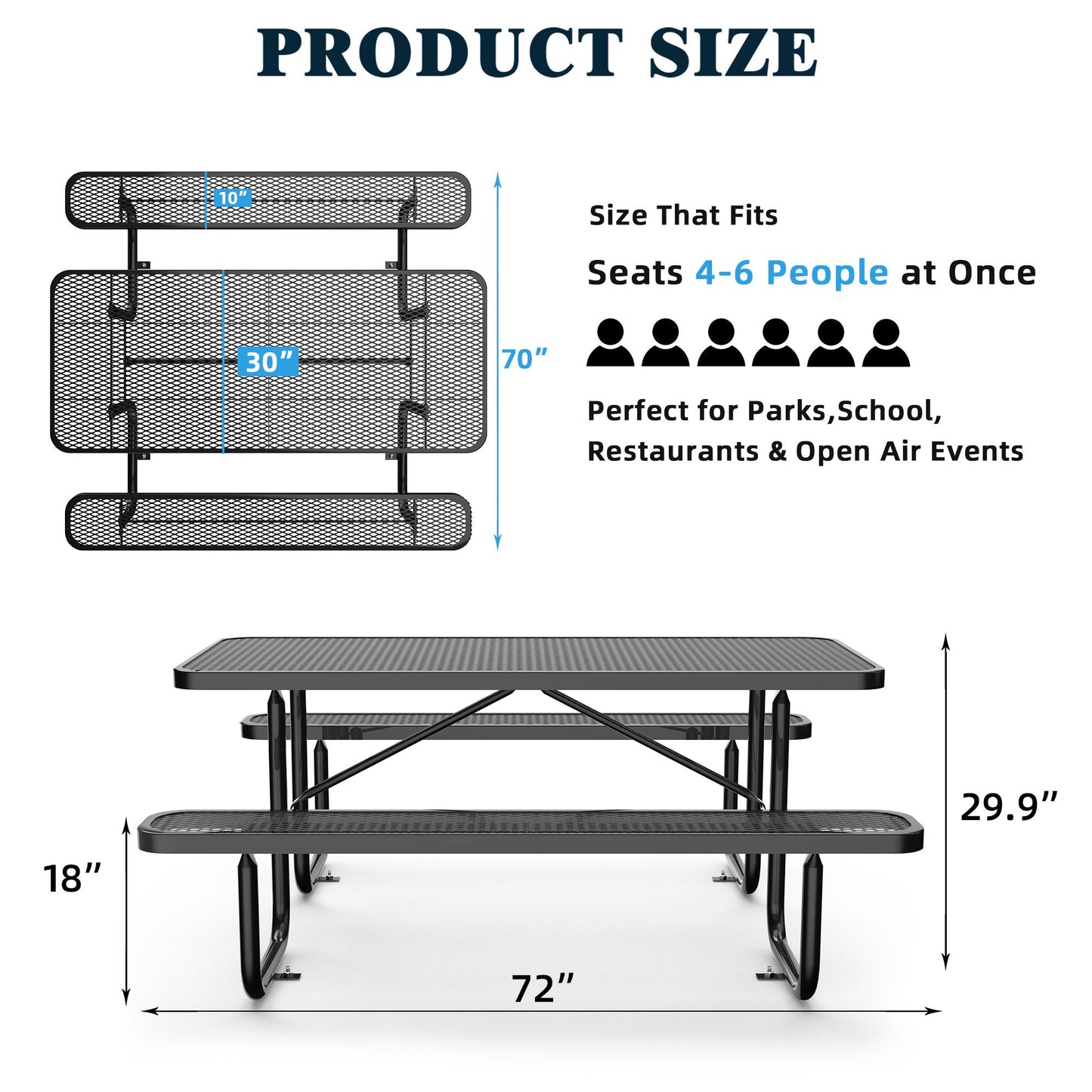 6 ft Metal Picnic Tables for Outdoors, Rectangle Coated Steel Patio Furniture Set