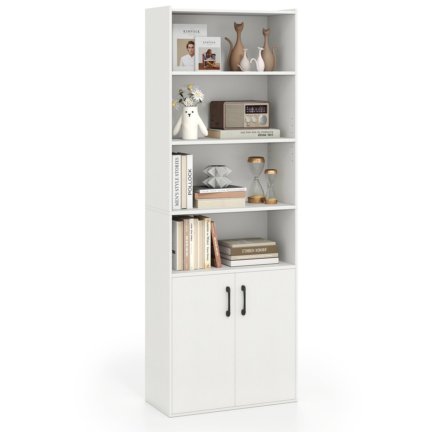 70 Inch Bookcase 6-Tier with Adjustable Shelves and 2-Door Cabinet