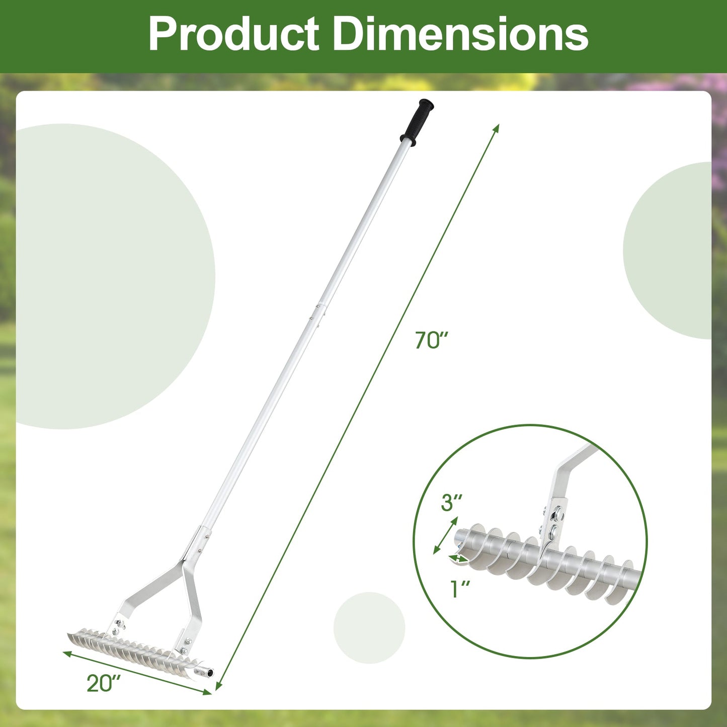 20 Inches Wide Aluminum Lawn Loosening Soil Rake with Long Handle and 19 Curved Tines