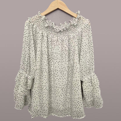 Off-shoulder Casual Long-sleeve Chiffon Top With Polka Dots