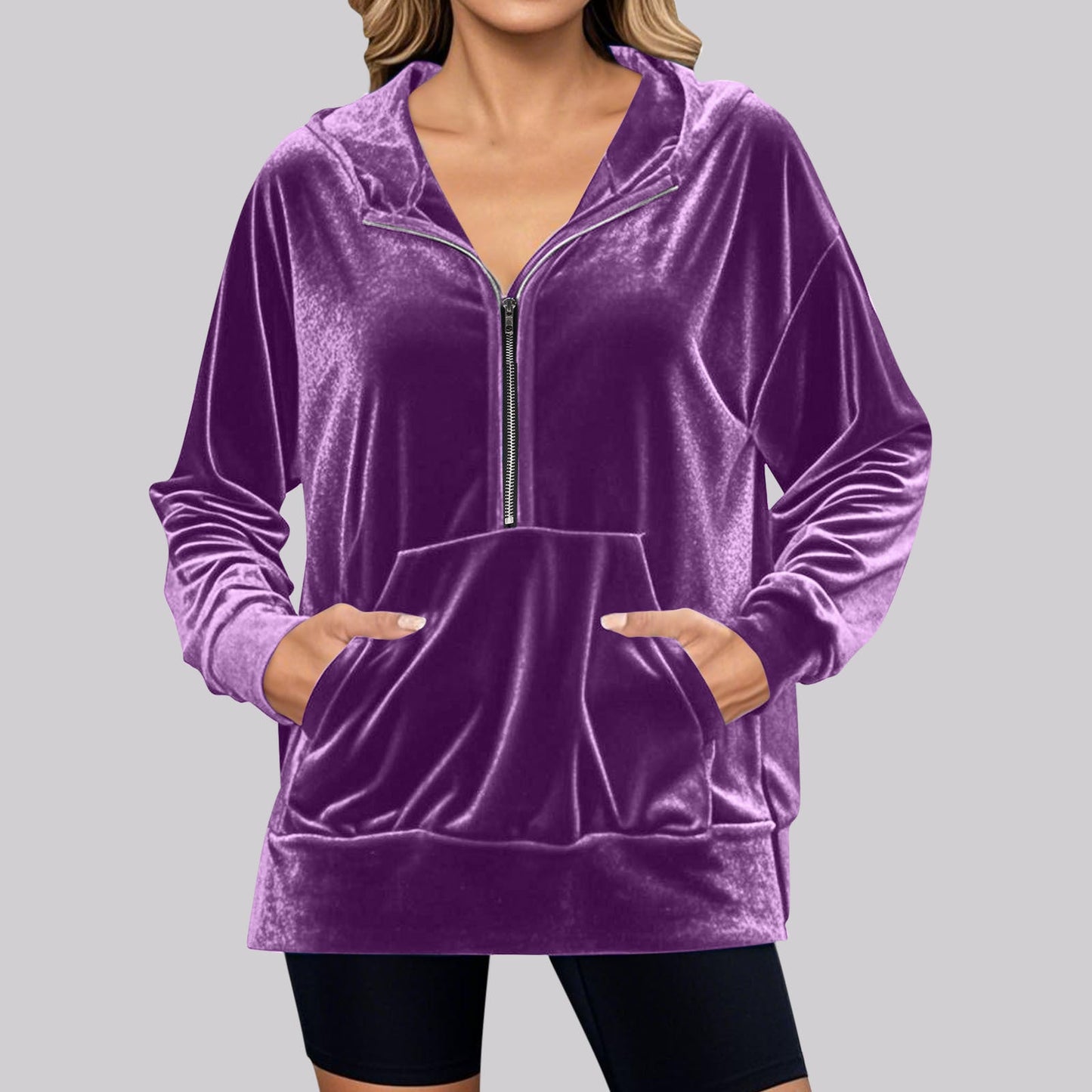 Loose Long Sleeve Zipper Pocket Pleuche Top Women