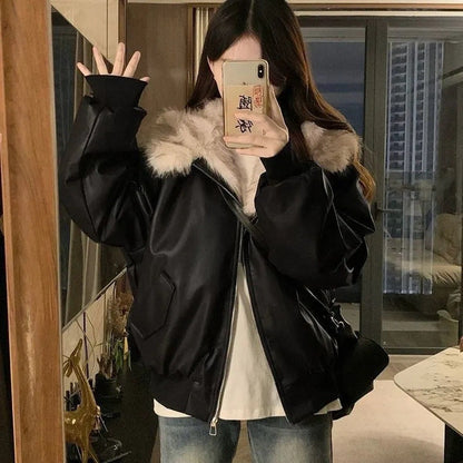 Thickened Warm Leather Short Jacket With A Mountain Eagle Fur Collar