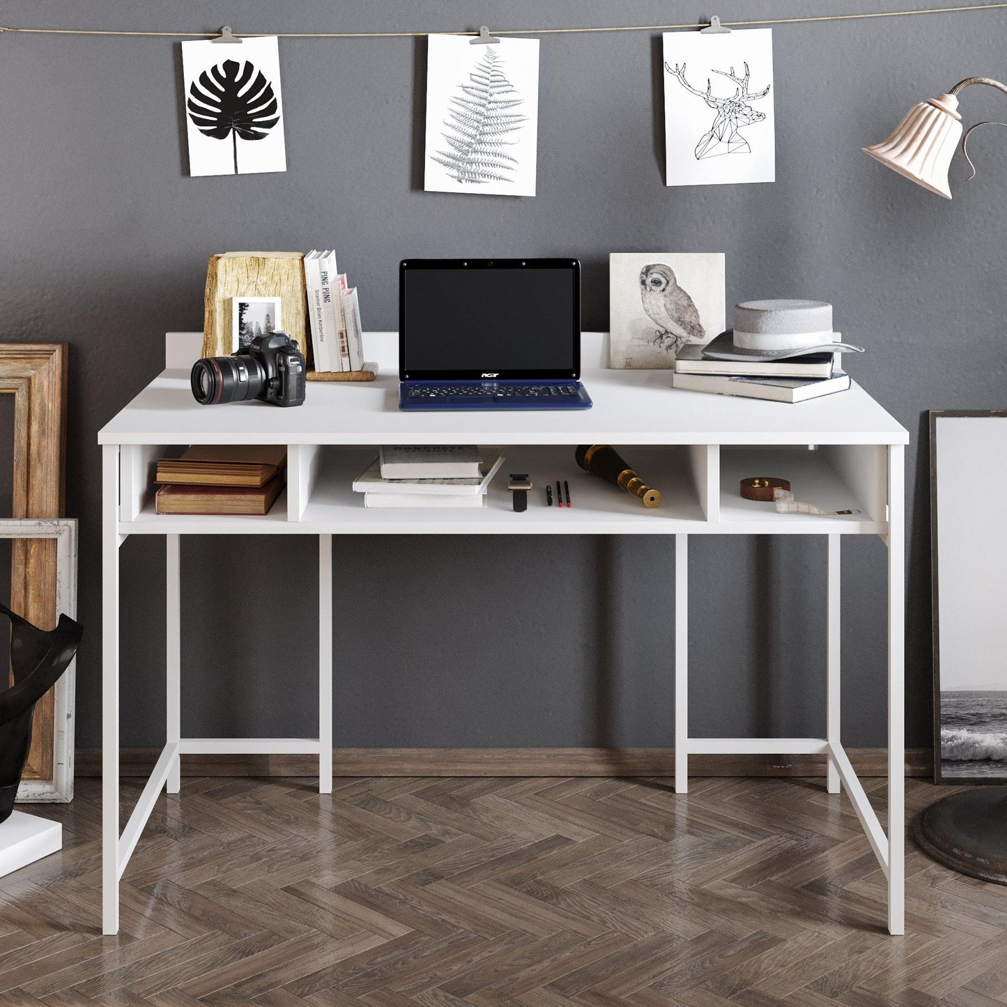 Tumata 47'' Wide Metal Wood Computer Desk with Open Shelves