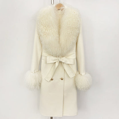 Long Double-faced Wool Coat With A Shearling Collar