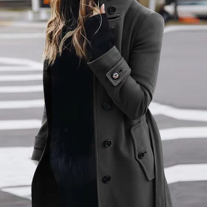 Autumn Winter New Woolen Coat Women's Slim Fit Cardigan Large Coat Women Long Sleeve Single Breasted Stand Collar Woolen Coat