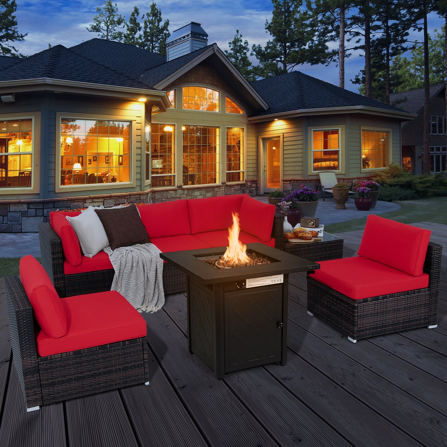 7 Pieces Patio Furniture Set with 28 Inches 50000 BTU Propane Gas Fire Pit Table