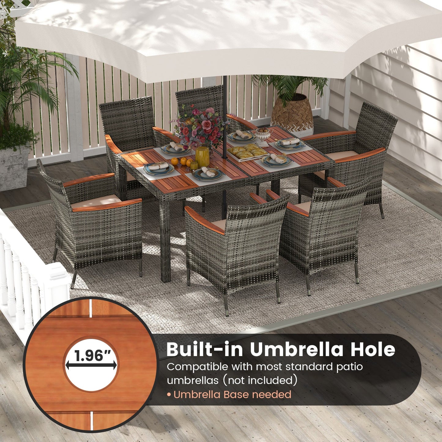 7 Pieces Patio Acacia Wood Cushioned PE Rattan Wicker Dining Set