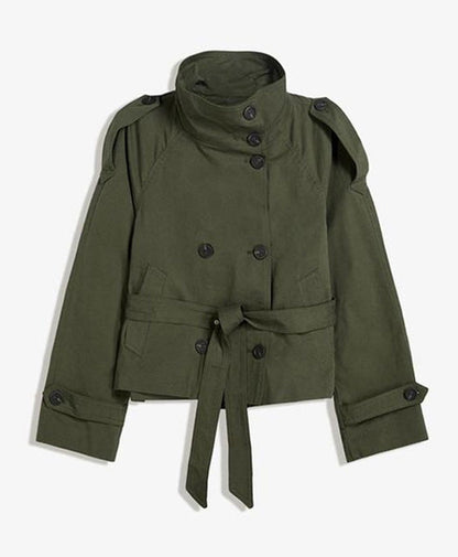 Womens Buttoned Waist-Cinching Lace-Up Trench Coat