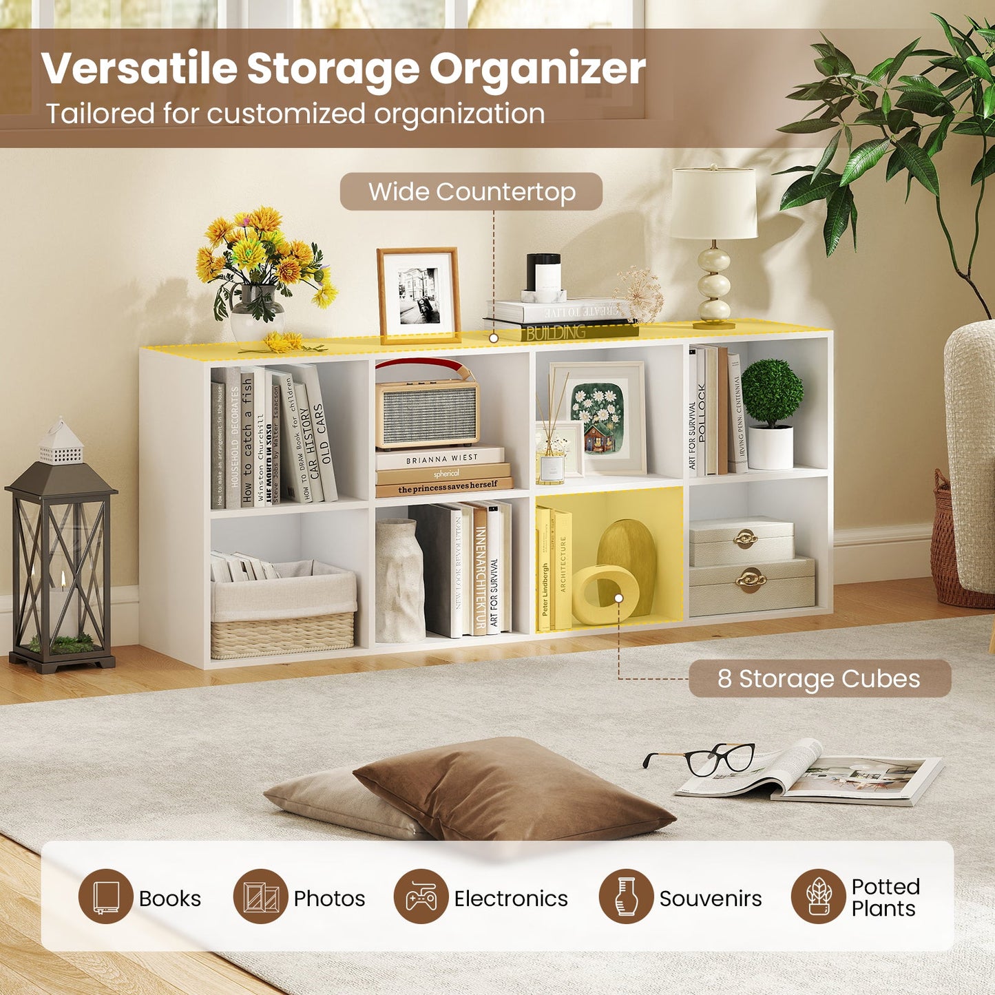 8-Cube Bookcase Bookshelf with 2 Anti-Tipping Kits Storage Organizer
