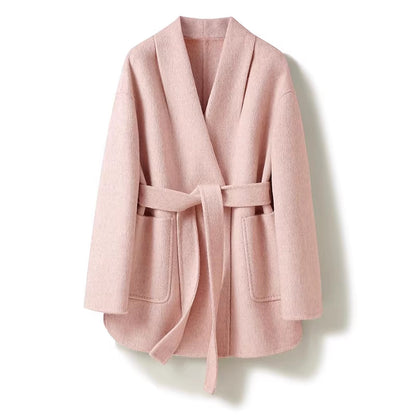 Camel-wool V-neck Wool Double-faced Wool Belted Coat