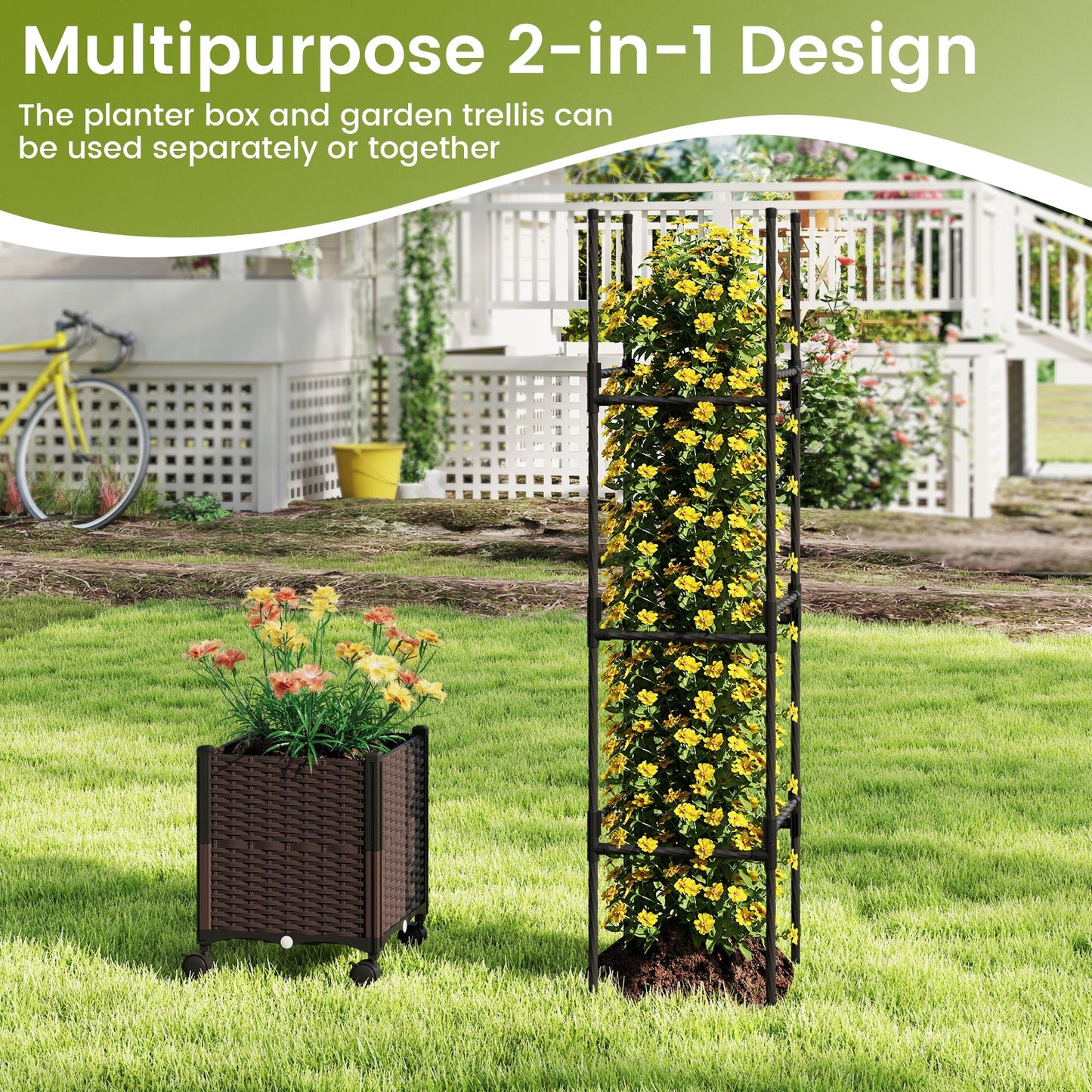 87 Inch Tall Raised Garden Bed with Plant Box Trellis and Lockable Wheels Adjustable Height