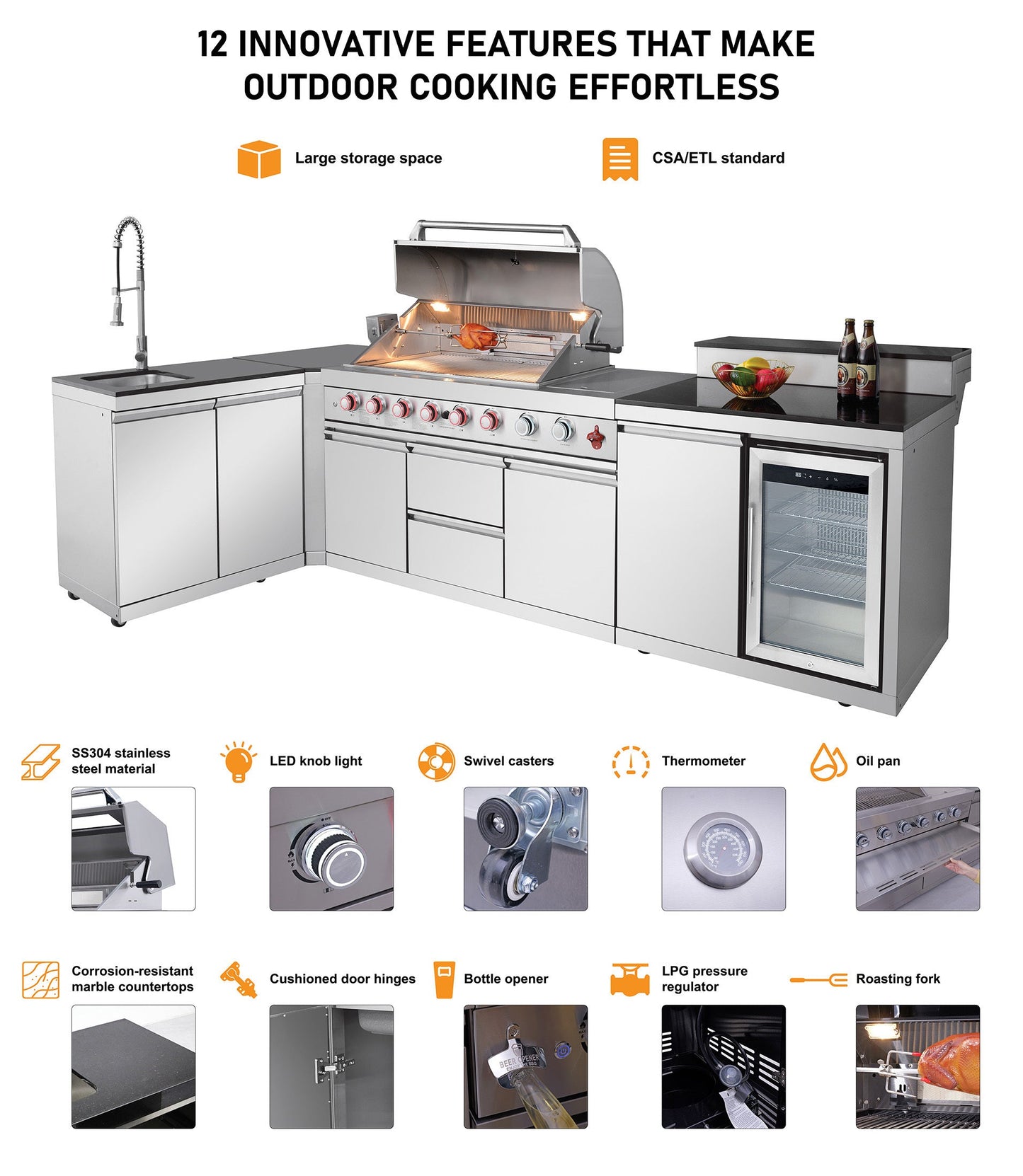 85.2" 4+1 Burner 71500 BTU Silver Outdoor Kitchen Island Grill + Sink + Refrigerator