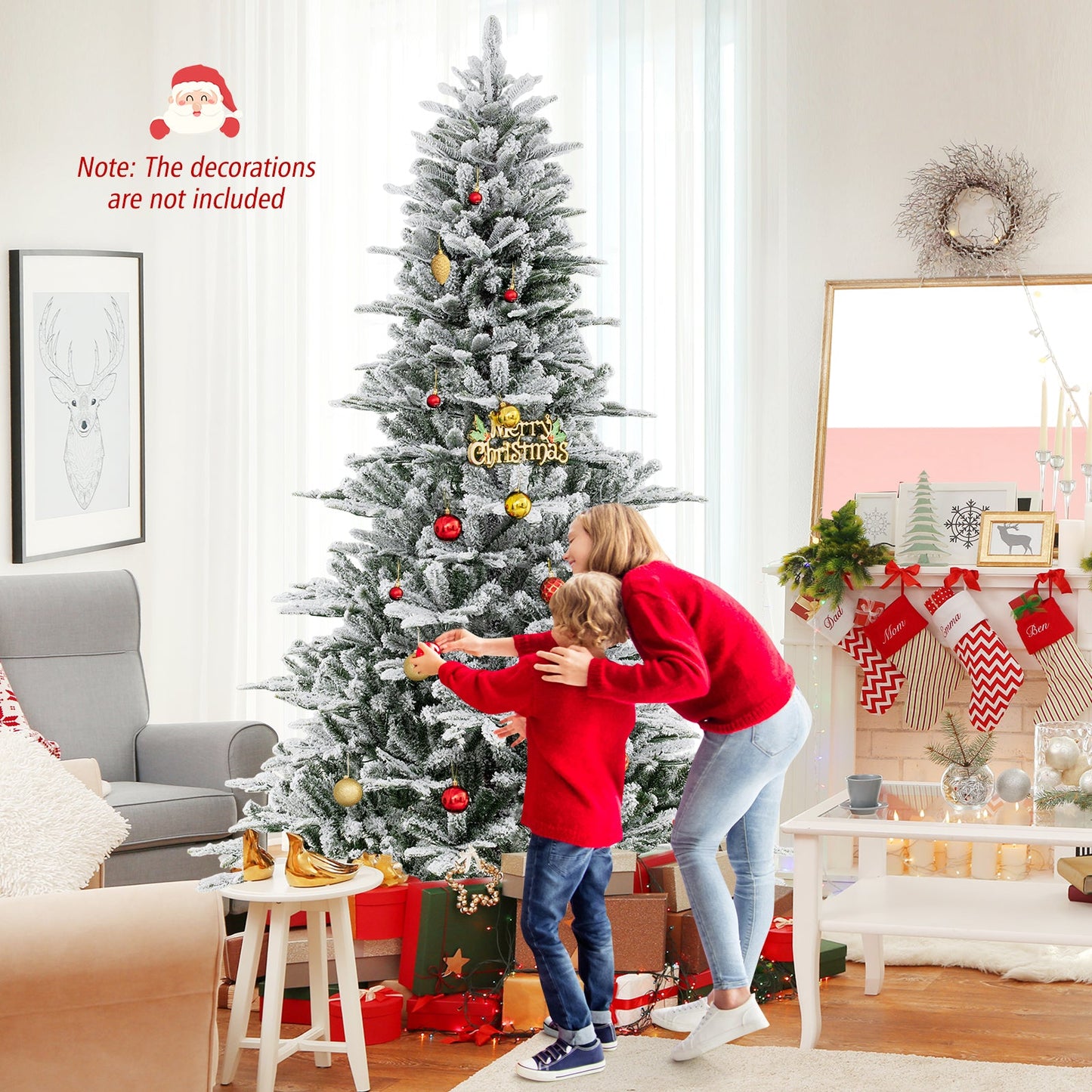 8 Feet Snow Flocked Artificial Christmas Tree with Cool White LED Lights