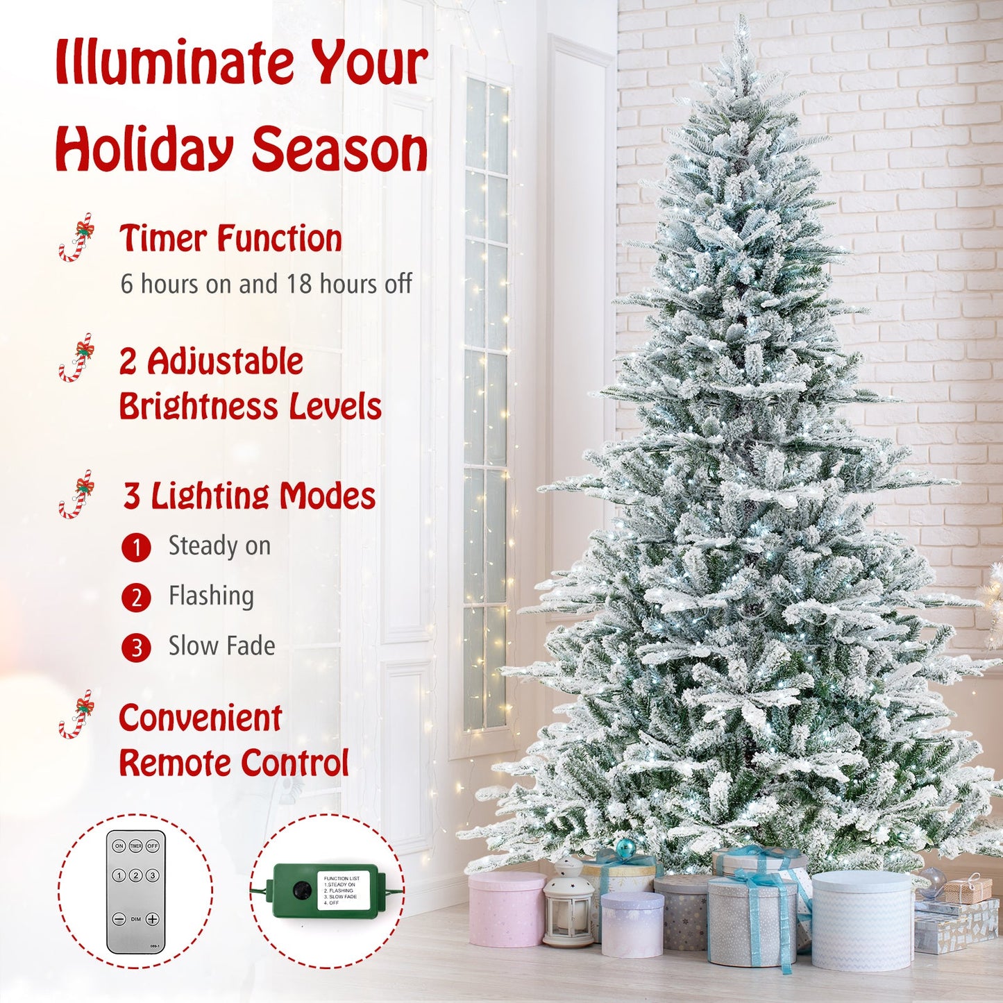 8 Feet Snow Flocked Artificial Christmas Tree with Cool White LED Lights