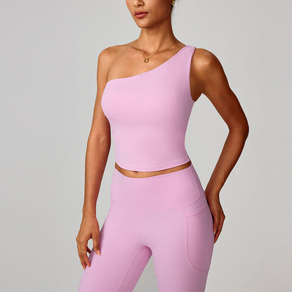 Womens Cloud-Feel Slanted One-Shoulder Cinched-Yoke Yoga Tank Top