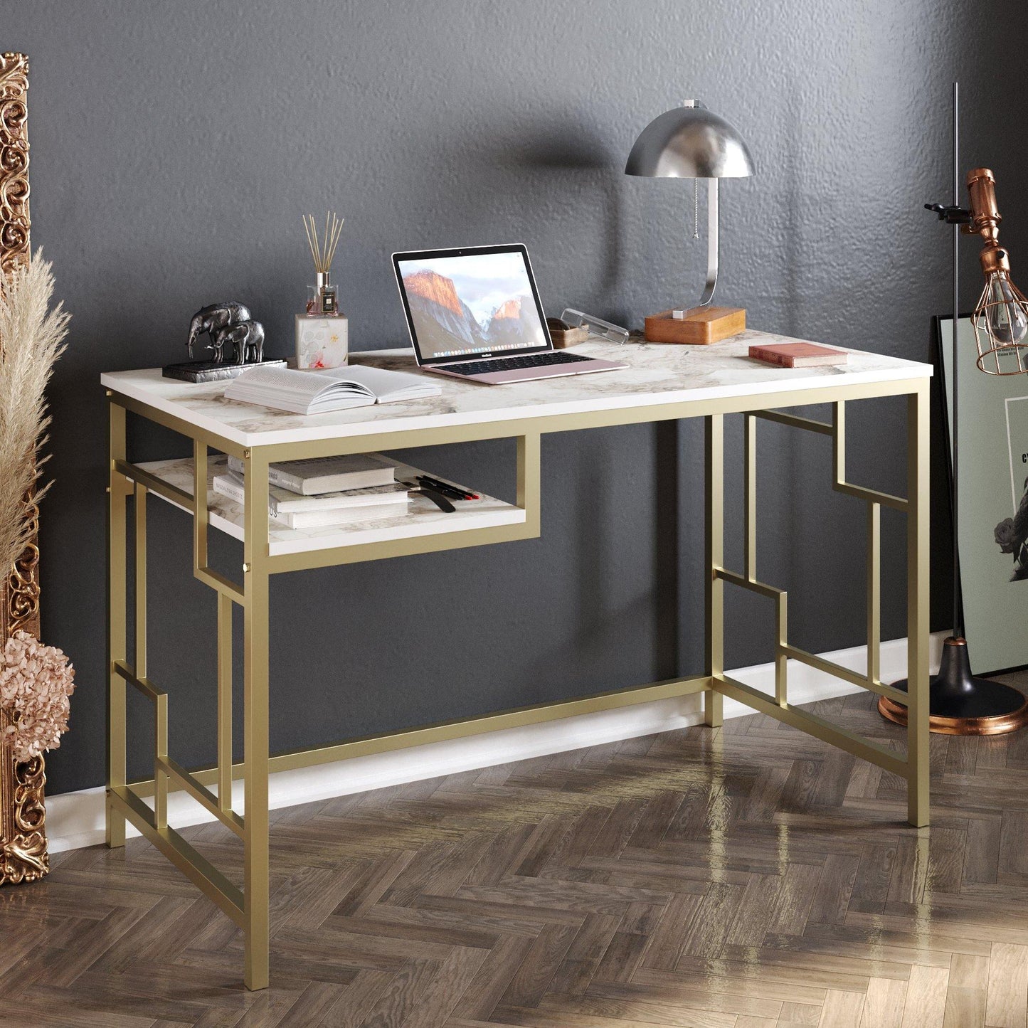 Victory 47'' Wide Metal Engineered Wood Computer Desk with Shelf