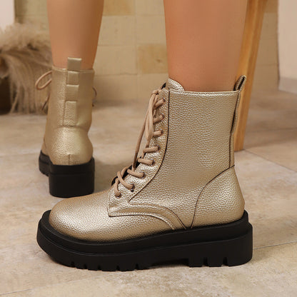 Women's Lace Up Round Toe Platform Leather Martin Boots