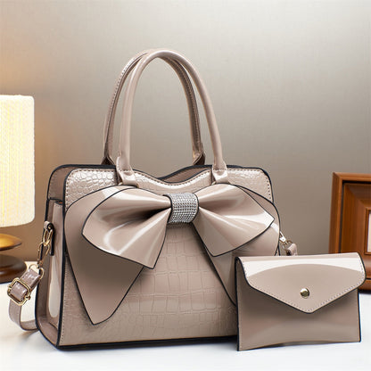 Fashionable Crocodile-Print Bow Bucket Bag Patent Leather Glossy Crossbody Bag