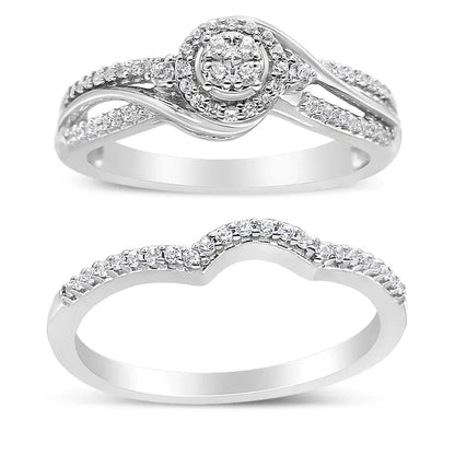 .925 Sterling Silver 1/3 Cttw Composite Diamond Frame Bypass Bridal Set Ring and Band (I-J Color, I2-I3 Clarity)