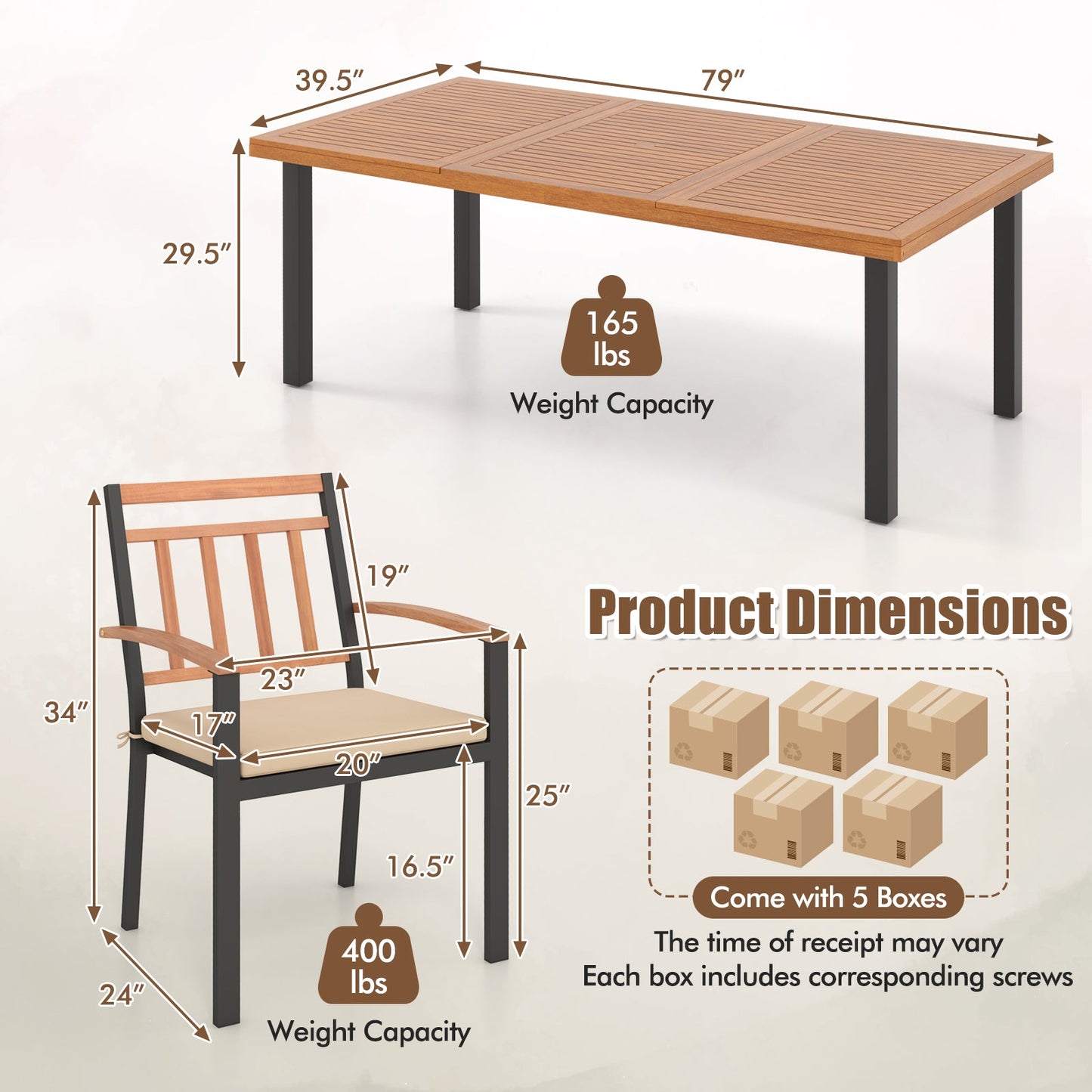 9 Pieces Patio Dining Set 39.5 Inch Acacia Wood Table with Umbrella Hole and 24-Inch Wide Chairs