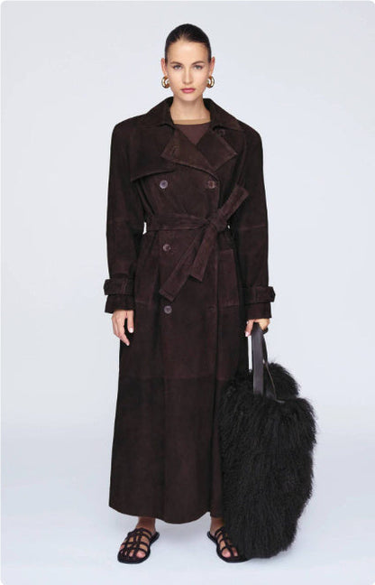 Double Breasted Lapel Shift Coat With Belt Fashion Vintage Suede Long Coat Winter Outwear Women's Clothing
