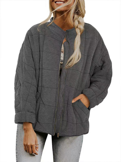 Winter Zip-up Stand Collar Coat With Pockets Fashion Solid Color Plaid Long Sleeved Jacket Women's Clothing