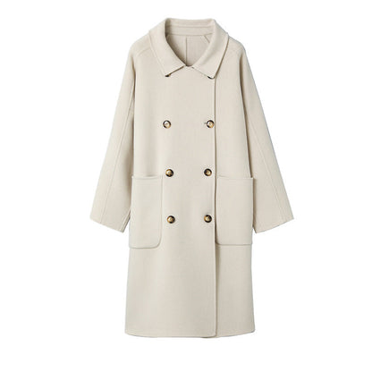 Long Below-the-Knee Double-Breasted Wool Coat In Korean Style