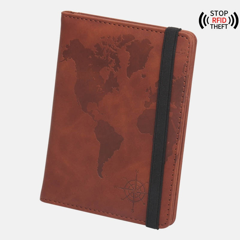 World Map Passport Case Strap Anti-magnetic Multiple Card Slots Leather Compass Elastic Band Ticket Clip
