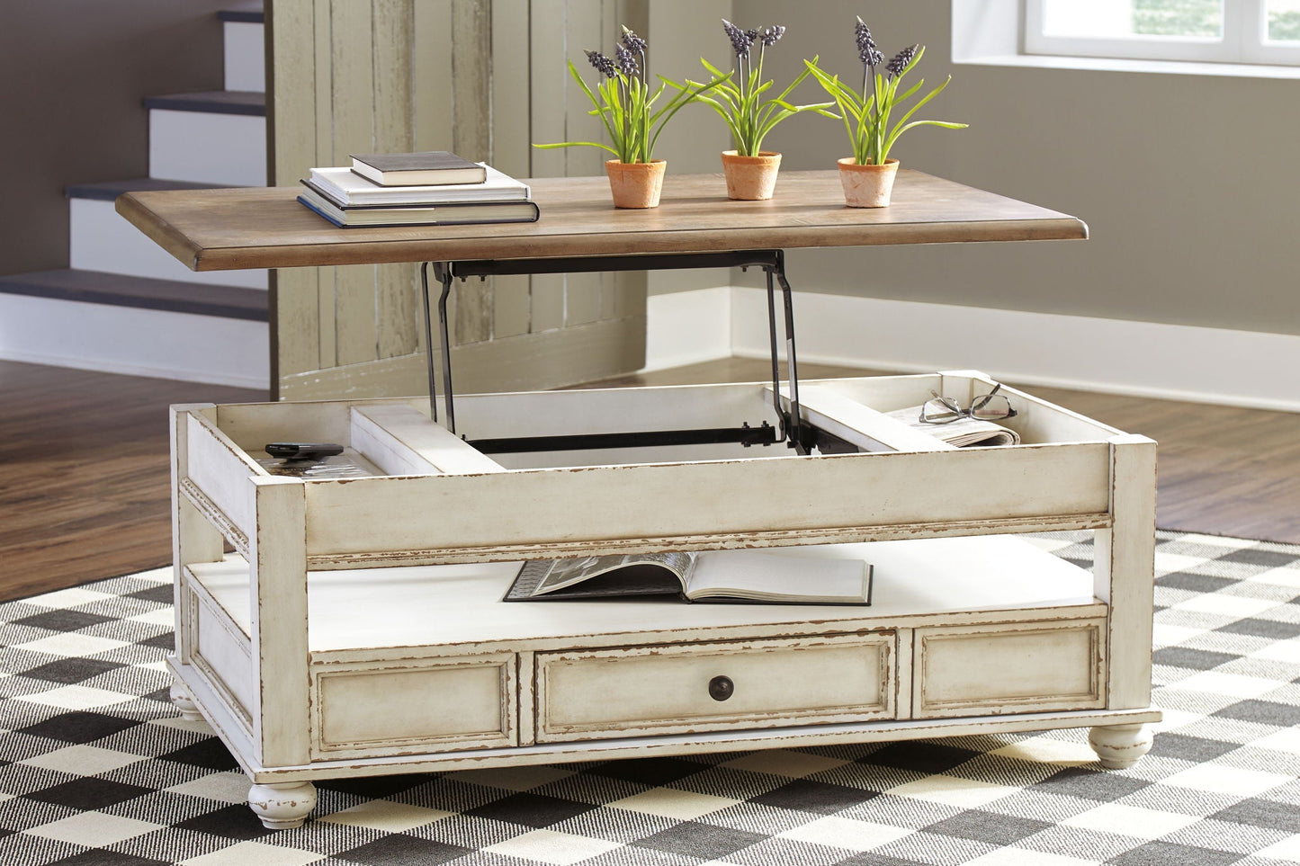 Realyn - Lift Top Cocktail Table - White / Brown