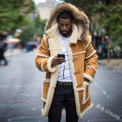Men's Solid Color Stitching Casual Slim Lapel Hooded Jacket