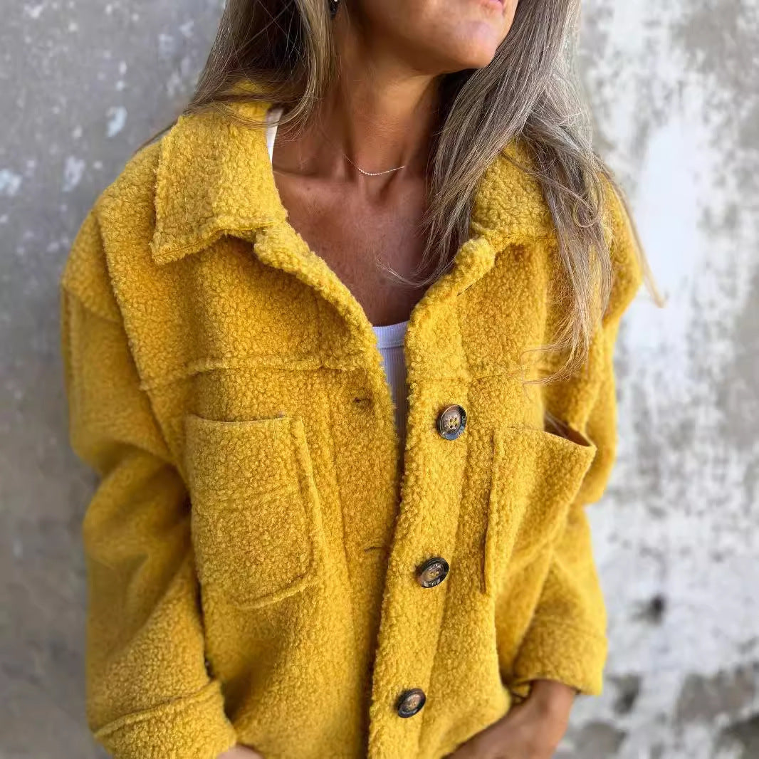 Women's Lamb Wool Coat Winter Lapel Single Breasted Jacket Outwear Warm Cropped Tops Clothing