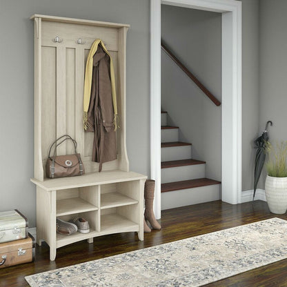 Antique White Large Entryway Coat Rack Storage Shoe Cubby Hall Tree