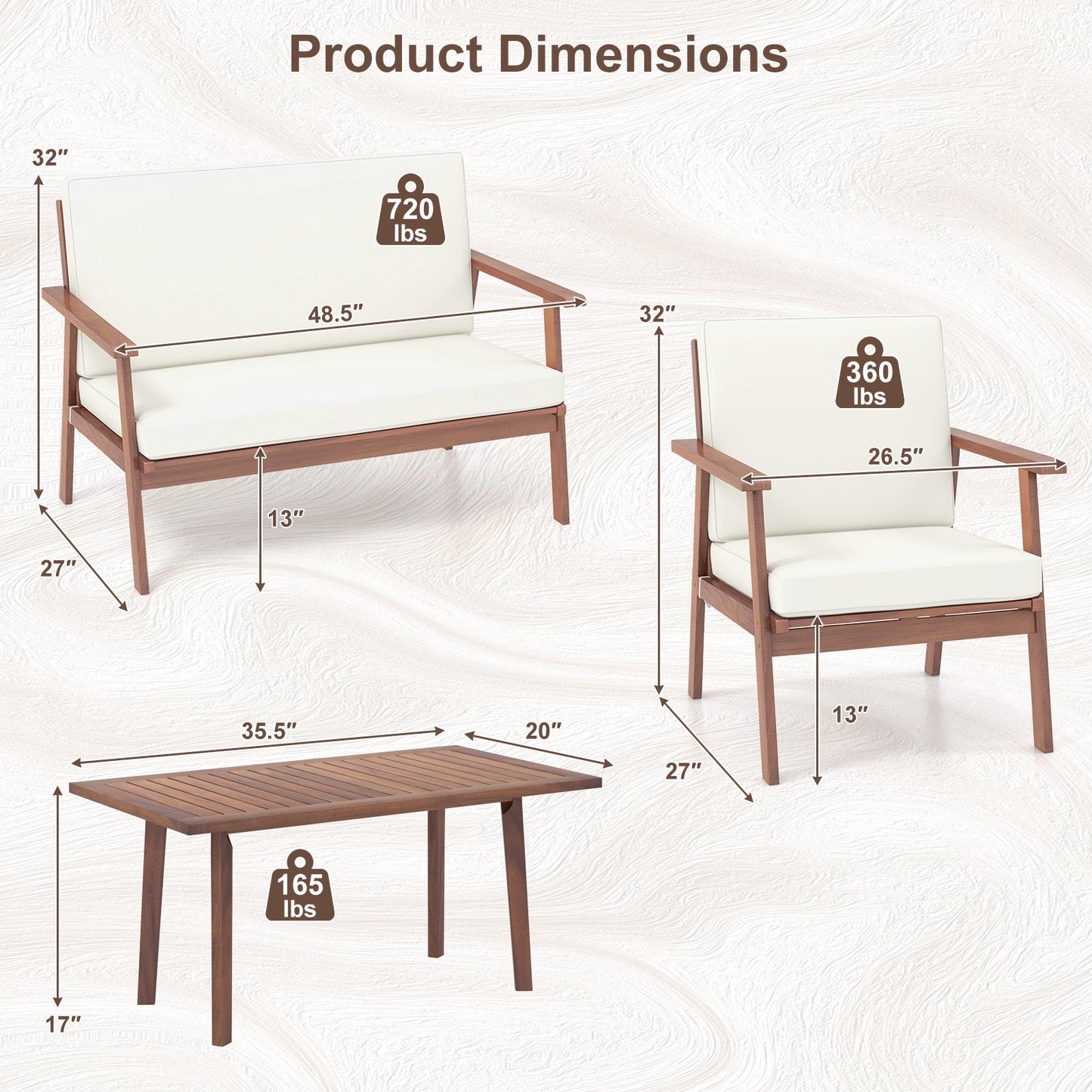 4 Piece Outdoor Acacia Wood Conversation Set with Soft Seat and Back Cushions