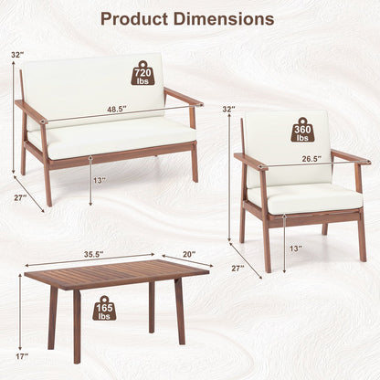 4 Piece Outdoor Acacia Wood Conversation Set with Soft Seat and Back Cushions