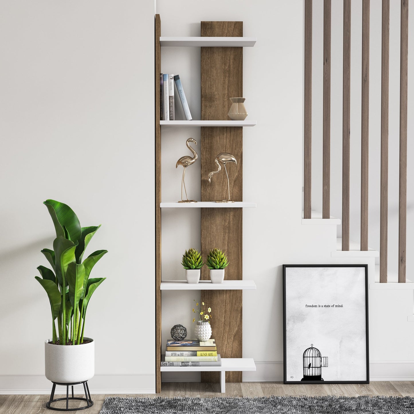 Alice 67” Corner Bookcase – 5-Tier Narrow L-Shaped Wall-Mounted Corner Bookshelf