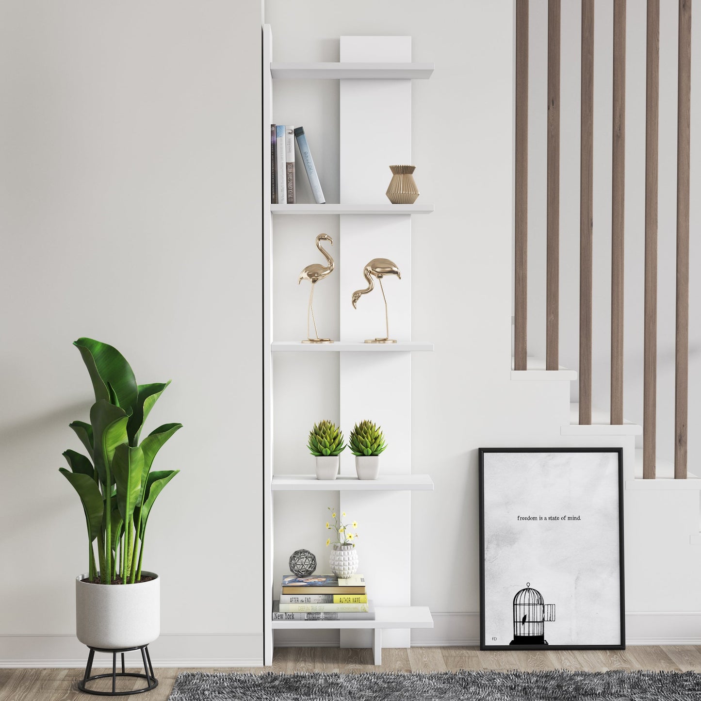 Alice 67” Corner Bookcase – 5-Tier Narrow L-Shaped Wall-Mounted Corner Bookshelf