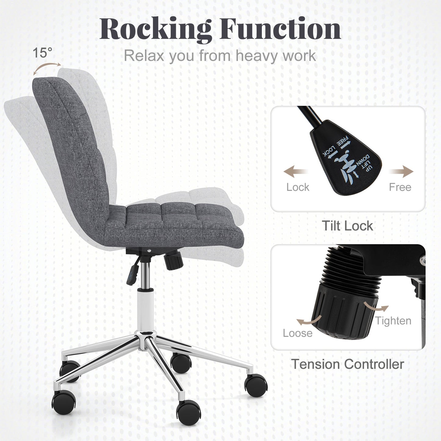 Armless Office Chair Upholstered Makeup Vanity Chair with Adjustable Height and Wheels-Grey