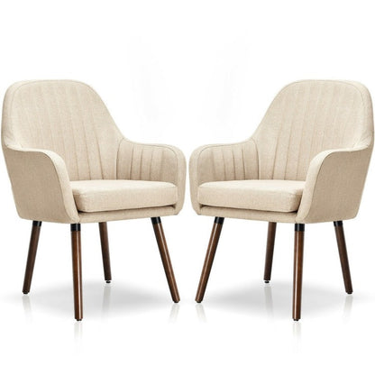 Set of 2 Retro Off-White Linen Upholstered Accent Chair with Stylish Wood Legs