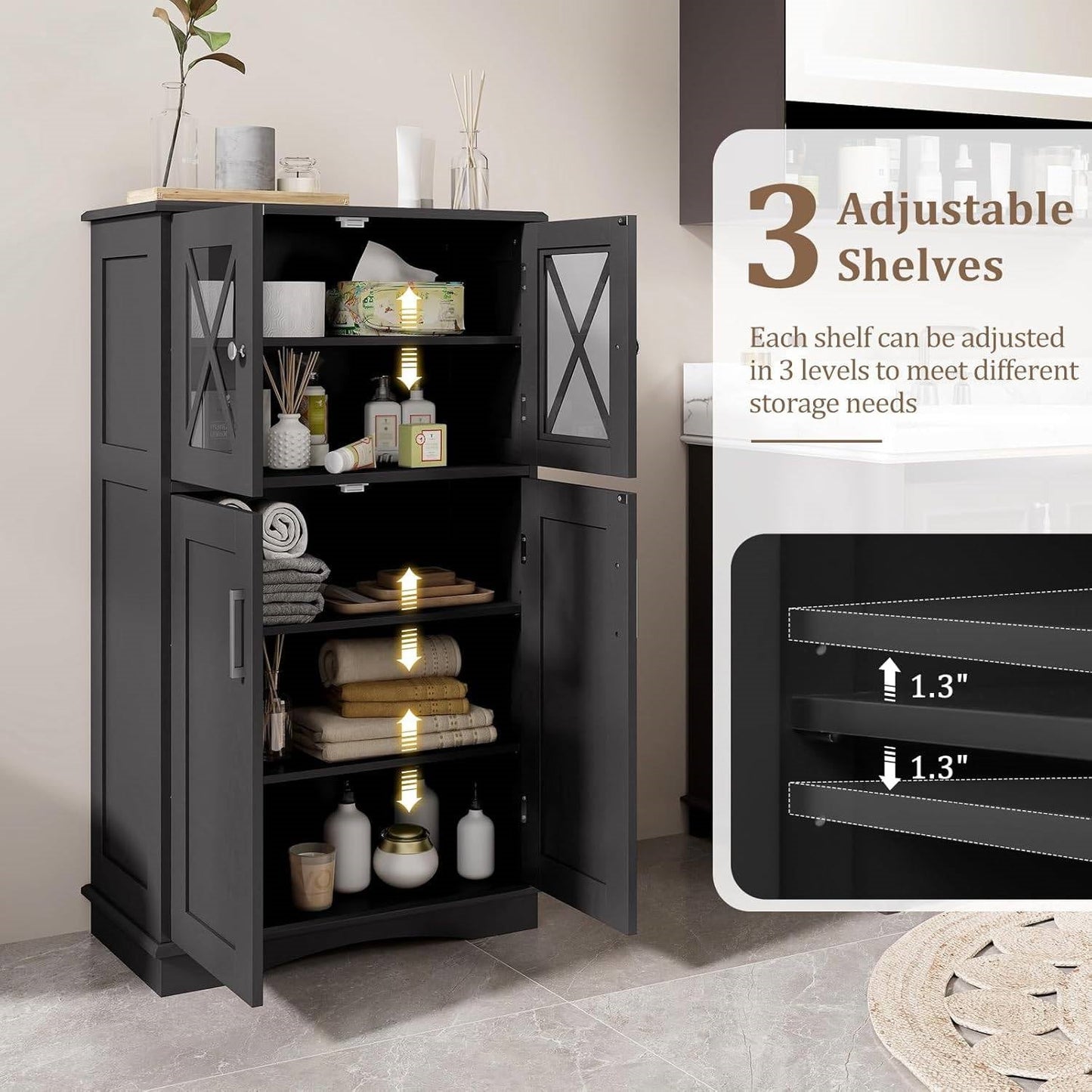 Black Bathroom Towel Linen Cabinet with Glass Doors and Storage Shelves