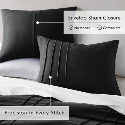 Full/Queen size Pre-Washed Pleated Microfiber Comforter Set in Black