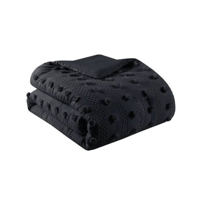 Full/Queen 3 Piece Pompom Microfiber Hypoallergenic Comforter Set in Black