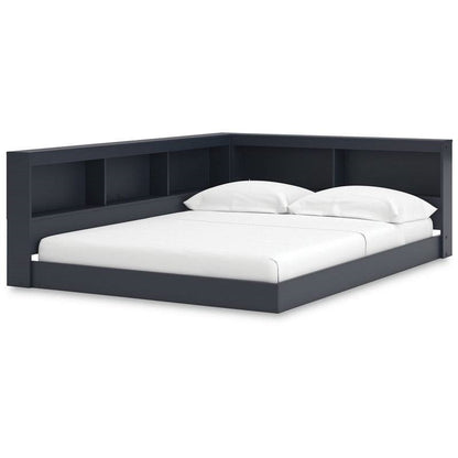 Twin size Blue Wooden Corner Storage Bed with Bookcase Headboard and USB Ports
