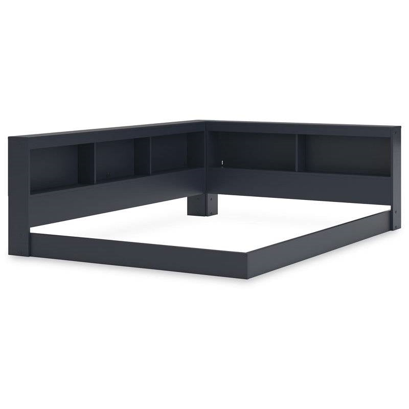 Twin size Blue Wooden Corner Storage Bed with Bookcase Headboard and USB Ports