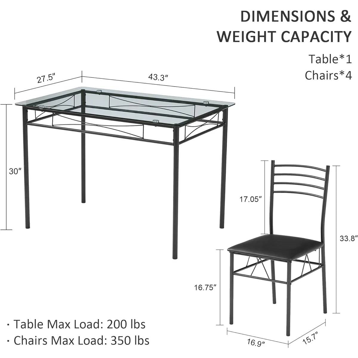 Black 5-Piece Dining Set with Rectangular Glass-Top Table and 4 Chairs