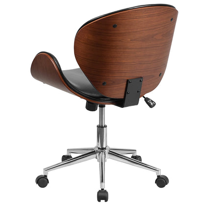 Mid-Back Walnut / Black Faux Leather Office Chair with Curved Bentwood Seat