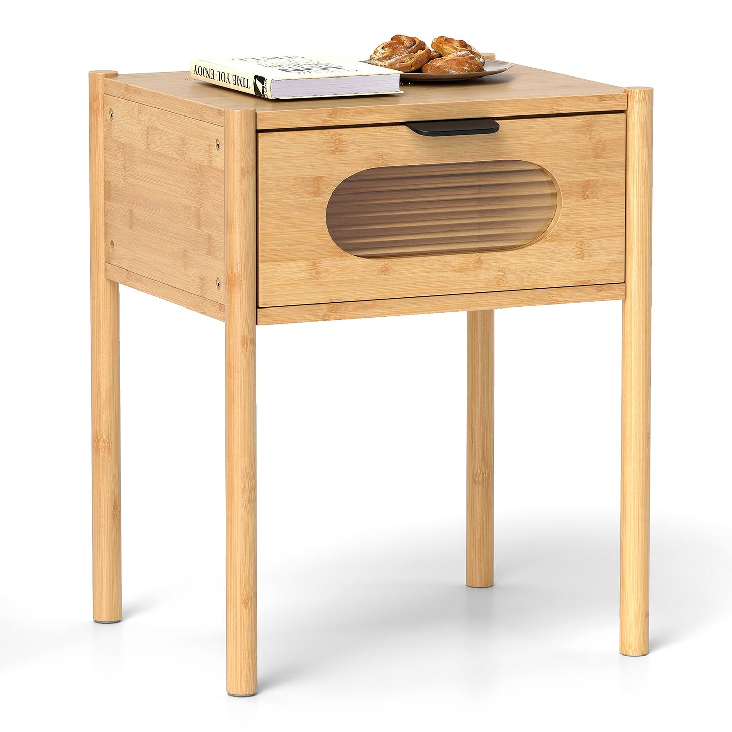 Bamboo Nightstand Square Tall End Table with Decorated Drawer-Natural