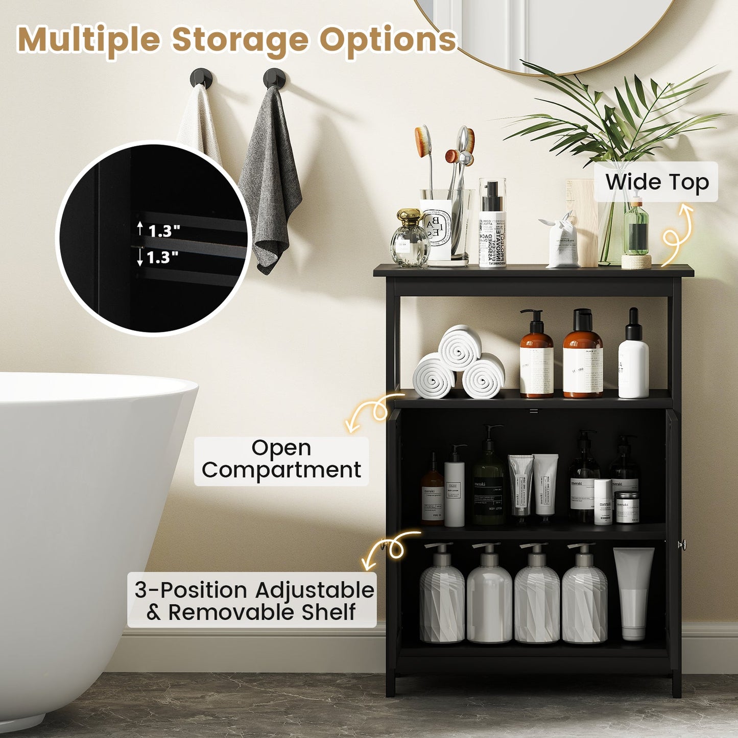 Bathroom Floor Cabinet Freestanding Storage Organizer with Open Compartment