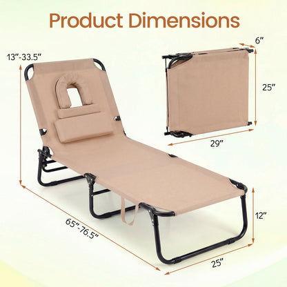 Beach Chaise Lounge Chair with Face Hole and Removable Pillow